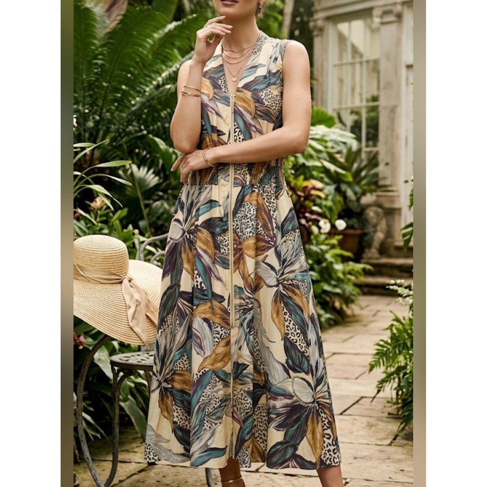 Nicole Miller New York Mixed Tropical Leopard Print Zip Front Smocked Midi Dress